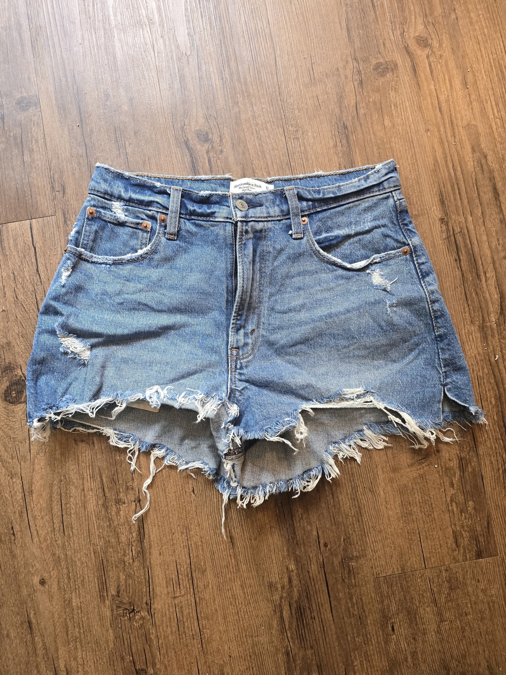 Abercrombie & Fitch Curve Love High Rise Distressed Blue Denim Cutoff Shorts